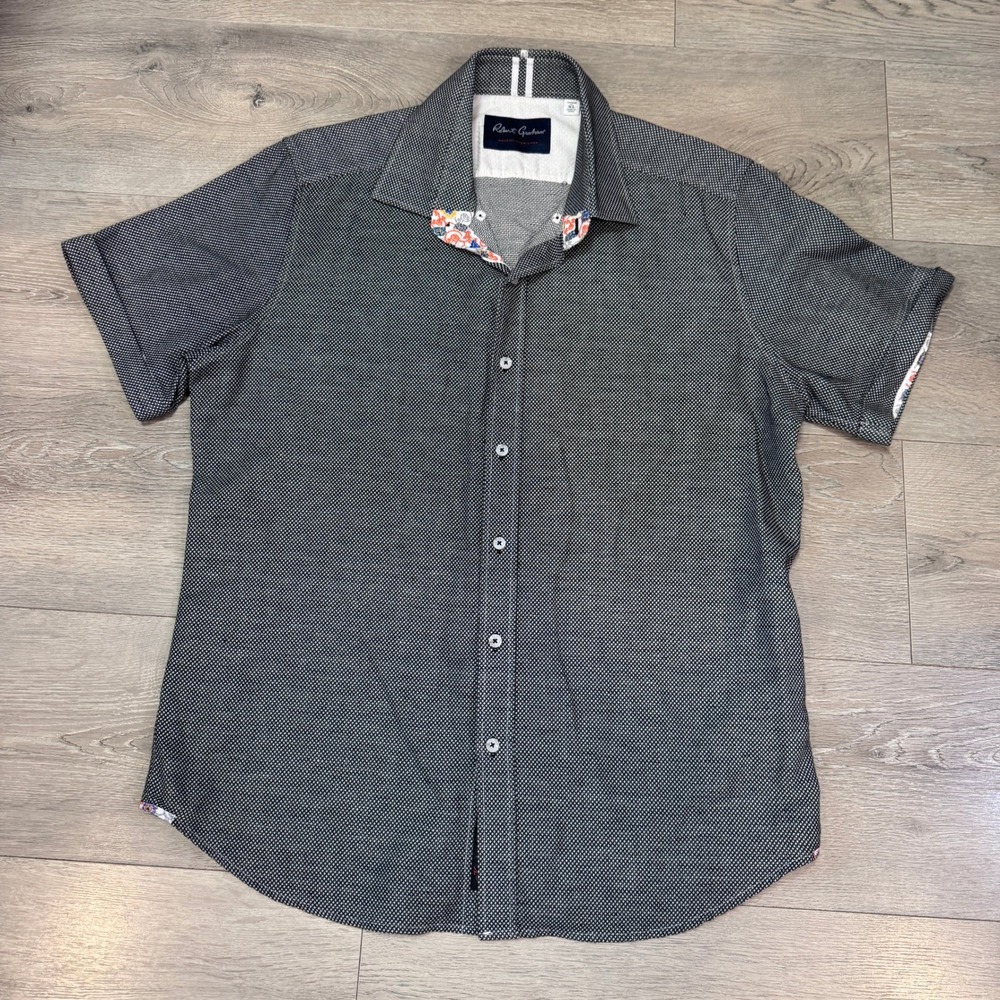 Robert Graham Modern Americana XL Black White Cotton Linen Short Sleeve Shirt